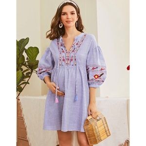 Striped Blue Embroidered Mini Dress